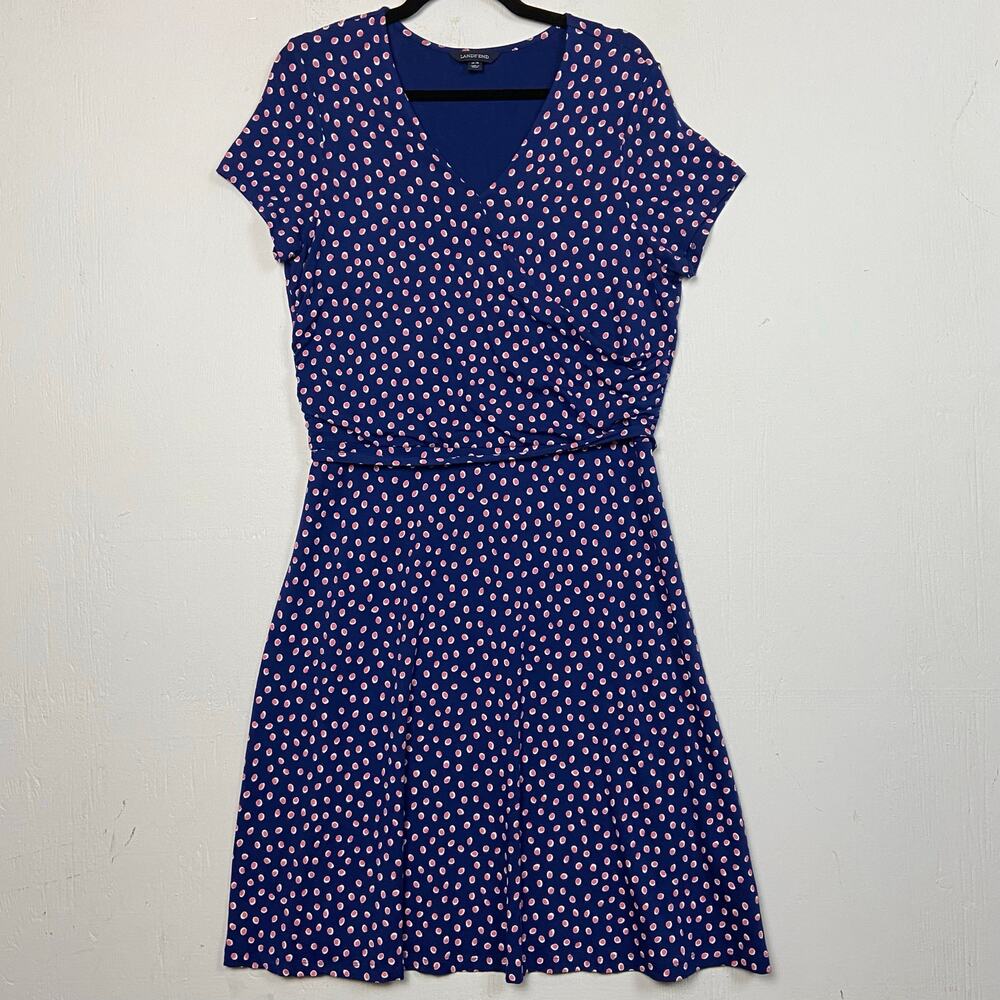 Lands' End Blue Pattern V-neck Fit Flare Stretch Midi Dress Size Large 14/16